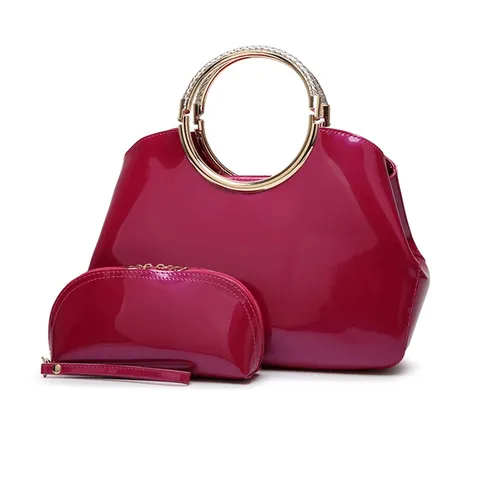 Borsa a Mano in Pelle Verniciata da Donna Set di Borse Madre e Figlia Elegante Borsa a Tracolla con Manico Rotondo in Metallo