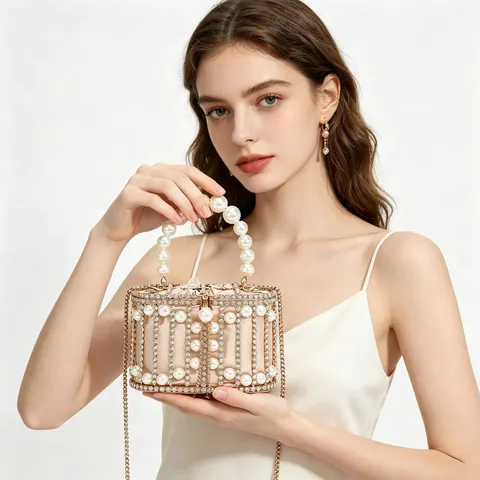 Bolso de Noche de Perlas con Jaula de Metal Hecho a Mano Pedrería Calada Bolso Elegante Lujo Boda Fiesta Mujer Clutch