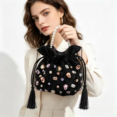Bolso Saco de Moda para Mujer de Piel PU Asa de Perlas Bolso de Mano de Strass Bandolera con Cordón