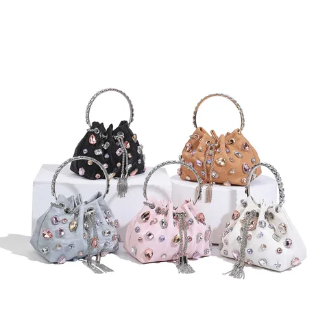 Bolso Balde con Borla y Strass de Moda para Mujer Bolso de Hombro de Cuero PU de Lujo para Fiesta de Banquete Diario