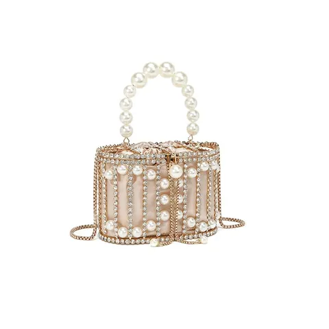 Bolso de Noche de Perlas con Jaula de Metal Hecho a Mano Pedrería Calada Bolso Elegante Lujo Boda Fiesta Mujer Clutch
