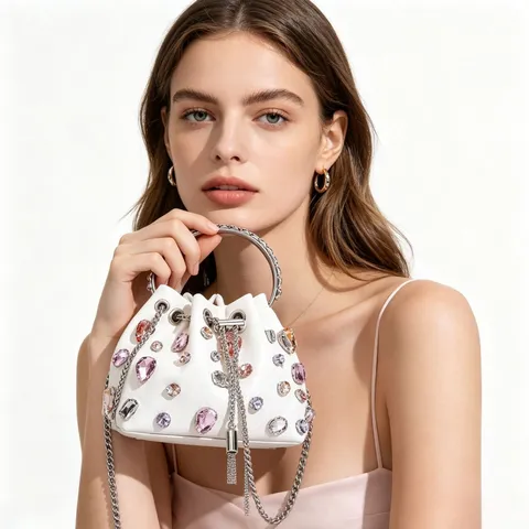 Bolso Balde con Borla y Strass de Moda para Mujer Bolso de Hombro de Cuero PU de Lujo para Fiesta de Banquete Diario