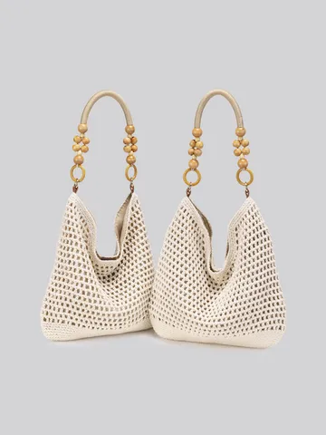 Mujeres Gran Capacidad Bolsa de Playa Vacaciones Tote Tejiendo a Mano Hilo de Algodón Bolso de Hombro Casual Calado Bolso de Mano