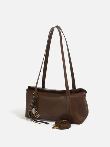 Mujer Retro PU Cuero Bolso de Hombro Moda Color Sólido Bolso Casual Diario Vintage Tote Bolso Con Colgante