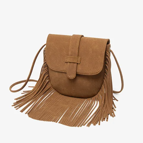 Women Vintage Faux Suede Crossbody Bag Western Style Tassel Saddle Bag Casual Shoulder Bag PU Leather Handbag