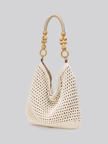 Mujeres Gran Capacidad Bolsa de Playa Vacaciones Tote Tejiendo a Mano Hilo de Algodón Bolso de Hombro Casual Calado Bolso de Mano