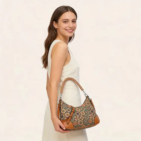 Bolso de Hombro para Mujer de Cuero PU de Corcho Estilo Étnico Bohemio Estampado Geométrico Bolso de Axila Retro