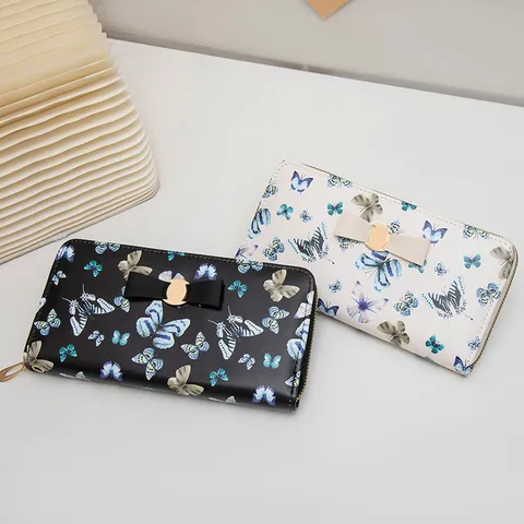 Cartera Larga Vintage Elegante con Estampado de Mariposa para Mujer Decoración de Lazo Gran Capacidad Cartera de Cuero PU Zip