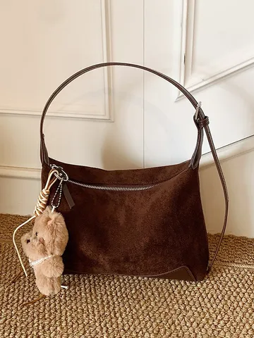 Bolso de Hombro Retro de Cuero PU para Mujer Bolso Casual de Moda con Lindo Colgante de Muñeca de Perro de Peluche