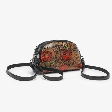 Bolso Bandolera de Cuero PU con Relieve Pintado Floral Vintage Retro para Mujer Bolso de Hombro Cuadrado Pequeño Casual Diario