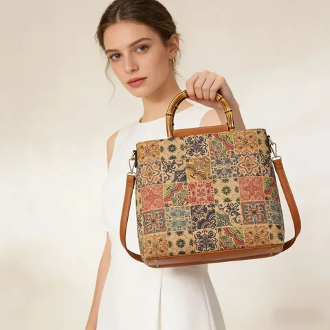 Bolso de Mano Vintage de Corcho Estampado Gran Capacidad Retro Asa de Bambú Bolso de Hombro Moda Mujer