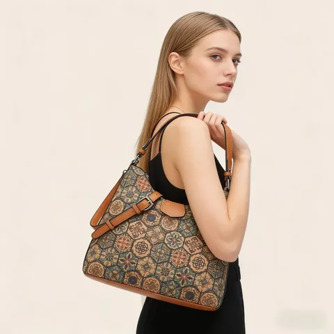 Bolso Bandolera de Mujer Vintage Étnico Geométrico Estampado de Corcho con Retazos de Cuero PU Bolso Tote Casual