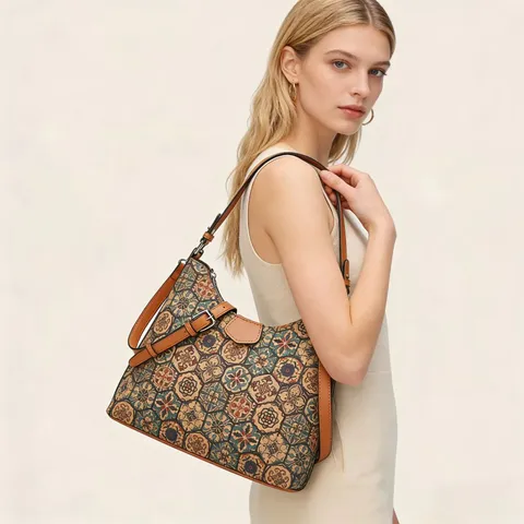 Bolso Bandolera de Mujer Vintage Étnico Geométrico Estampado de Corcho con Retazos de Cuero PU Bolso Tote Casual