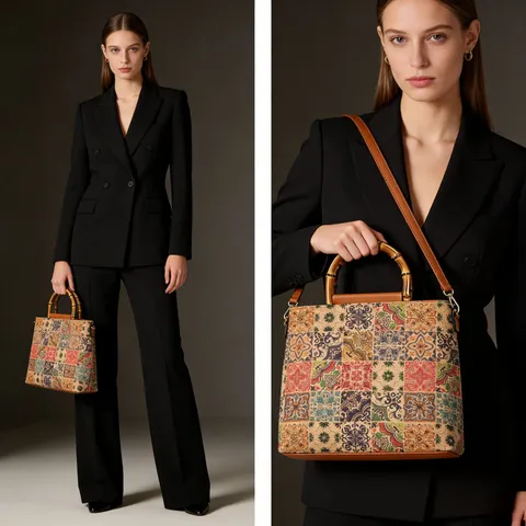 Bolso de Mano Vintage de Corcho Estampado Gran Capacidad Retro Asa de Bambú Bolso de Hombro Moda Mujer