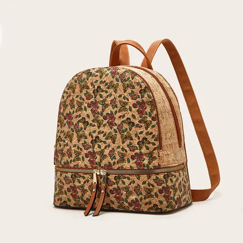 Mochila para Mujer Estilo Retro Europeo y Americano Multifuncional Gran Capacidad Bolsa de Viaje Casual de Corcho Estampado Floral