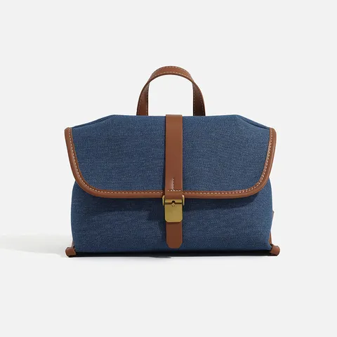 Women Denim Canvas Crossbody Messenger Bag Chic Color Block Shoulder Handbag With Metal Lock