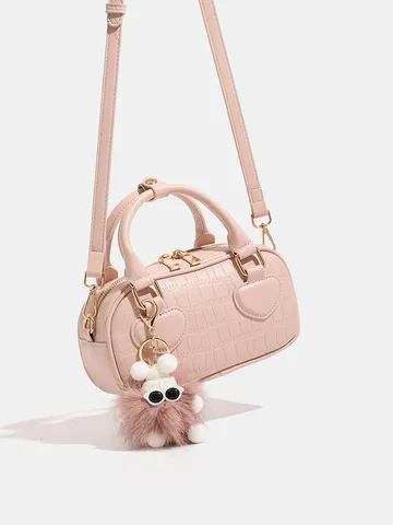 Bolso de Mano Casual de Cuero PU con Patrón de Cocodrilo para Mujer Bolso Satchel Elegante con Parche de Corazón y Colgante de Muñeca de Peluche