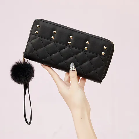 Women's PU Leather Long Wallet Quilted Diamond Lattice Card Holder Chic Clutch Purse With Metal Rivets And Plush Ball Pendent