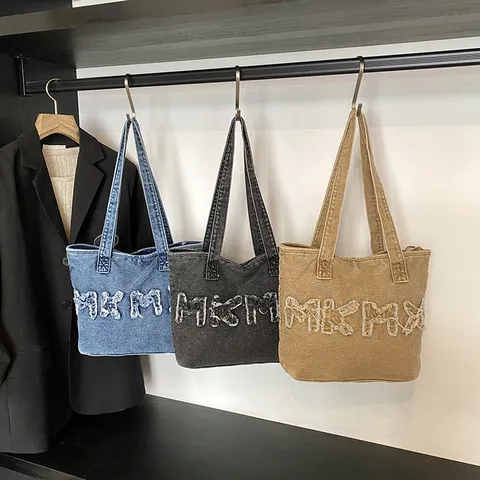 Vrouwen Retro Gewassen Denim Tote Bag Casual Large Capacity Shoulder Bag Fashion Letter Embroidered Canvas Handbag