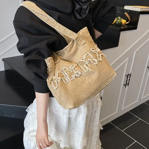 Vrouwen Retro Gewassen Denim Tote Bag Casual Large Capacity Shoulder Bag Fashion Letter Embroidered Canvas Handbag