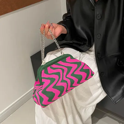 Womens Woven Knit Dumpling Clutch Bag Stylish Contrast Wave Pattern Crossbody Shoulder Bag With Metal Chain