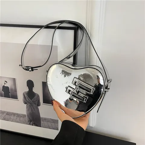 Sac Bandoulière Mode Femme Forme Cœur Cuir PU Brillant Petit Sac Épaule Joli Pendentif Cœur Sac Messenger