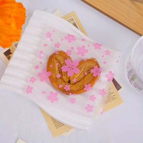 Frosted Pink Cherry Blossom Gift Bags Translucent Self Adhesive Packaging Treats Pouch Plastic Candy Jewelry Storage Wrap Bags