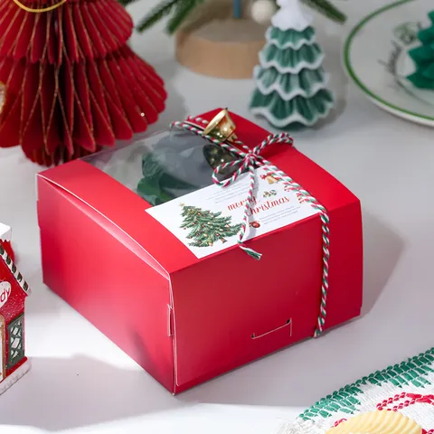Festive Red Laminated Paper Box With Clear Window And Tag Decorative Christmas New Year Gift Wrapping Favor Packaging Box