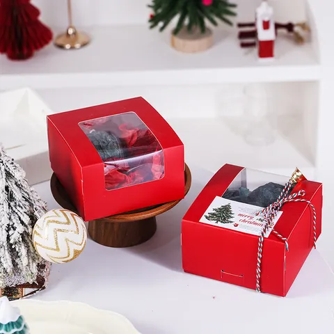 Festive Red Laminated Paper Box With Clear Window And Tag Decorative Christmas New Year Gift Wrapping Favor Packaging Box