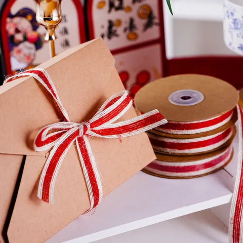 Vintage Natural Hemp Striped Braided Ribbon Tape Red And White Twine String For Christmas New Year Gift Packing DIY Craft