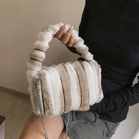 Γυναικείο Φθινόπωρο Χειμώνας Fashion Stripe Plush Crossbody Bag Simple Large Capacity Chain Shoulder Handbag Soft Fur Bag