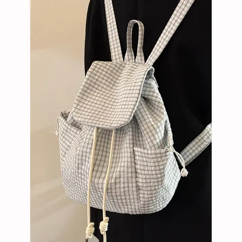 Lightweight Nylon Casual Backpack Minimalist Plaid School Bag Drawstring Commuting Daypack For Women Men Travel Bookbag