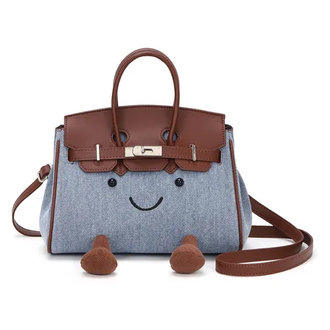 Women Canvas Top Handle Bag Smiley Face Patchwork Crossbody Shoulder Bag Casual Commuter Handbag With Lock Closure