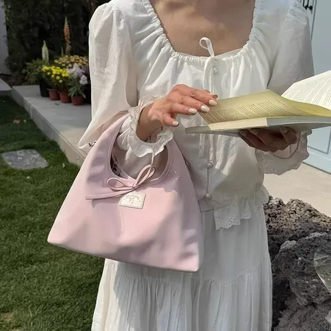 Women Casual PU Leather Crossbody Bag Fashion Solid Color Shoulder Handbag With Sweet Bowknot Decoration Daily Use