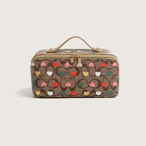Koreanischer Stil Gedruckt Herz Kosmetiktasche Große Kapazität Reise Kulturbeutel Handtasche PU Leder Make-up Tasche
