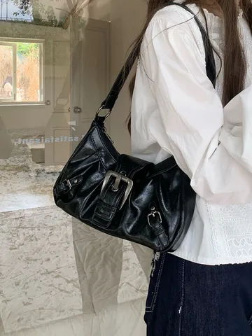 Women Retro PU Leather Shoulder Bag Underarm Bag Solid Color Chic Handbag Zipper Closure Daily Casual Purse