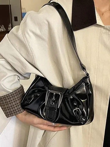 Women Retro PU Leather Shoulder Bag Underarm Bag Solid Color Chic Handbag Zipper Closure Daily Casual Purse