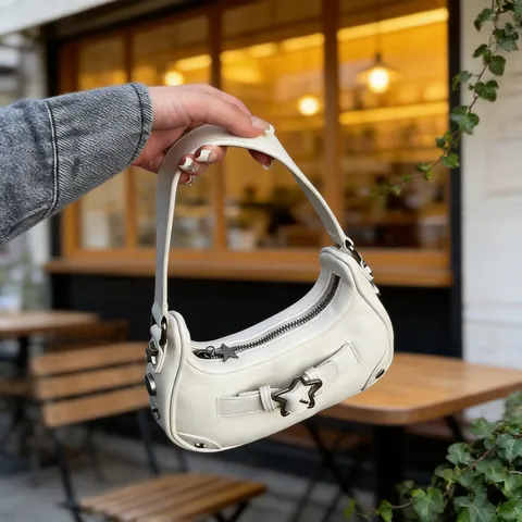 Korean Vintage Star Underarm Bag Women PU Leather Baguette Bag Casual Chic Shoulder Handbag Fashion Purse