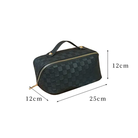 Women's PU Leather Checkered Cosmetic Bag Large Capacity Waterproof Toiletry Pouch Portable Travel Makeup Organizer Bag