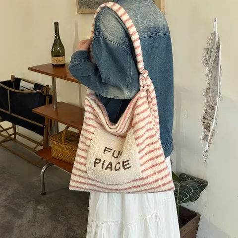 Women's Plush Tote Bag Large Capacity Casual Cute Embroidered Shoulder Bag Striped Fluffy Handbag Daily Purse