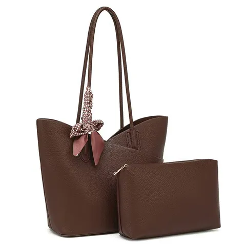 Large Capacity PU Leather Tote Bag Vintage Women Commuter Handbag With Silk Scarf Decoration Shoulder Bucket Bag