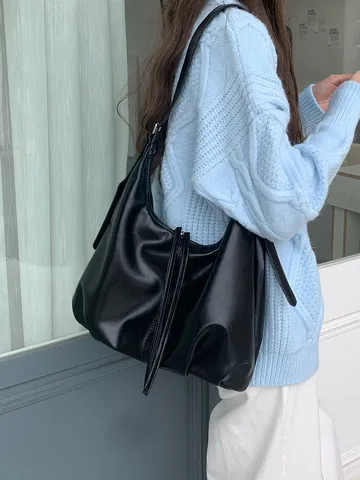 Borsa Sottobraccio in Pelle PU Retro Donna Casual Grande Capacità Tote Bag Chic Tinta Unita Borsa a Tracolla