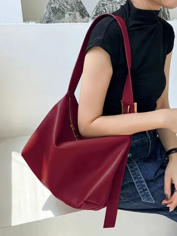 Vintage Vin Rouge Sac Cabas en Cuir Souple Grande Capacité Sac Sous-Bras Décontracté Femmes Épaule Unique Sac Cabas de Trajet