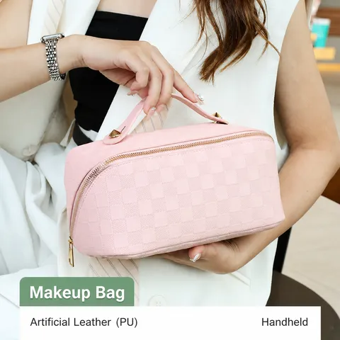 Large Capacity PU Leather Cosmetic Bag Waterproof Travel Toiletry Organizer Fashion Plaid Makeup Pouch With Handle For Women