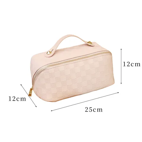 Large Capacity PU Leather Cosmetic Bag Waterproof Travel Toiletry Organizer Fashion Plaid Makeup Pouch With Handle For Women