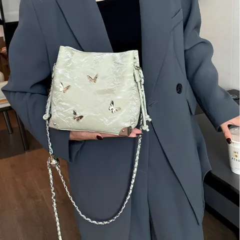 New Chinese Style 3D Butterfly Bucket Bag Silver Drawstring Crossbody Bag Metal Chain Decor Women Shoulder Bag PU Leather