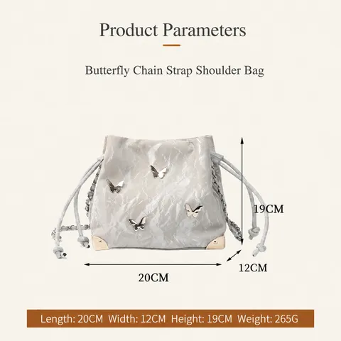 New Chinese Style 3D Butterfly Bucket Bag Silver Drawstring Crossbody Bag Metal Chain Decor Women Shoulder Bag PU Leather