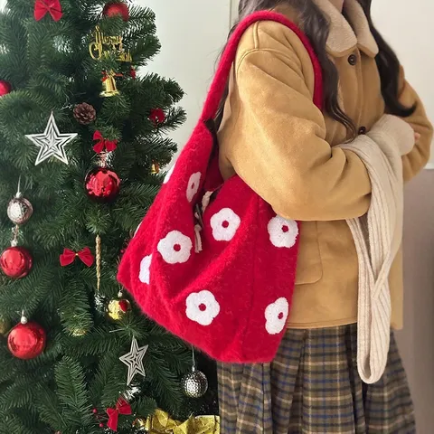 Women Cute Plush Floral Embroidered Tote Bag Casual Fleece Bucket Bag Winter Shoulder Handbag