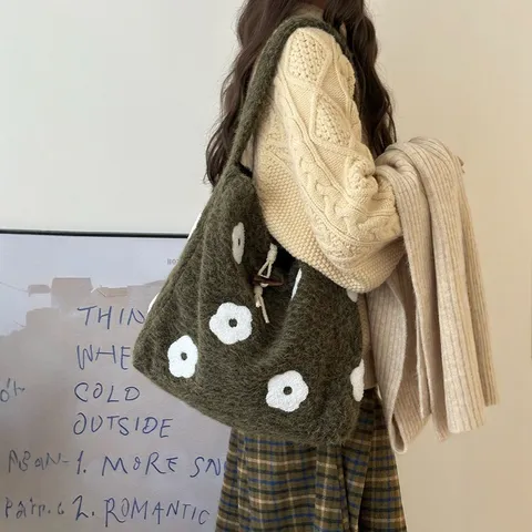 Women Cute Plush Floral Embroidered Tote Bag Casual Fleece Bucket Bag Winter Shoulder Handbag