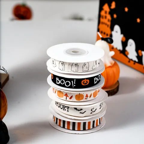 Halloween Printed Cotton Ribbon Ghost Pumpkin Bat Decorative Webbing For Gift Wrapping Craft Festive DIY Party Ornament